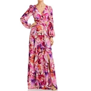 Aqua Printed Floral Long Sleeve Gown WithSizde Cut Out Size 8 Nwt